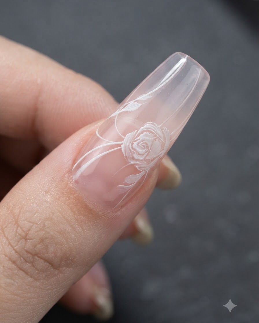 Una vista in primo piano di unartista delle unghie che usa un pennello fine per collegare le linee di nastro bianco a un design di rosa su ununghia rosa trasparente.