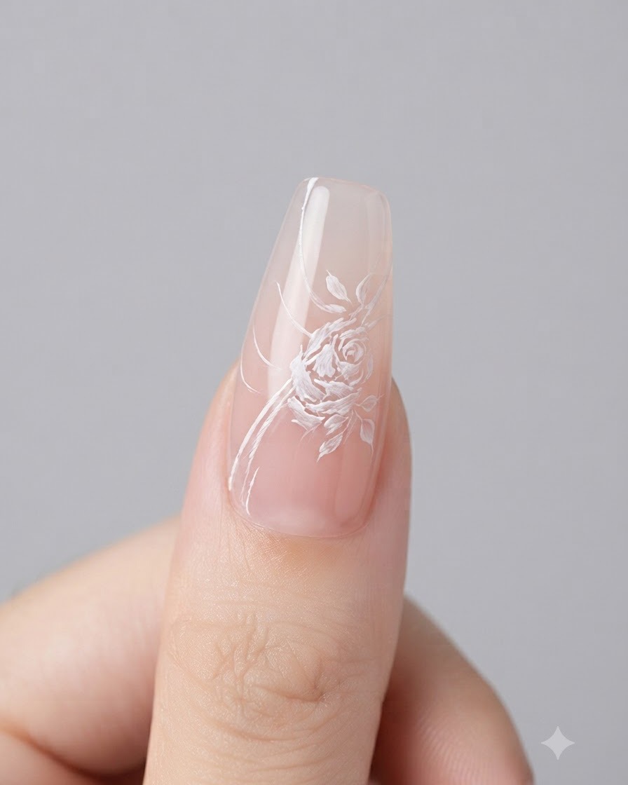 Uno scatto dettagliato di ununghia che viene rifinita con gel bianco puro per delineare i bordi dei petali di rosa dipinti.