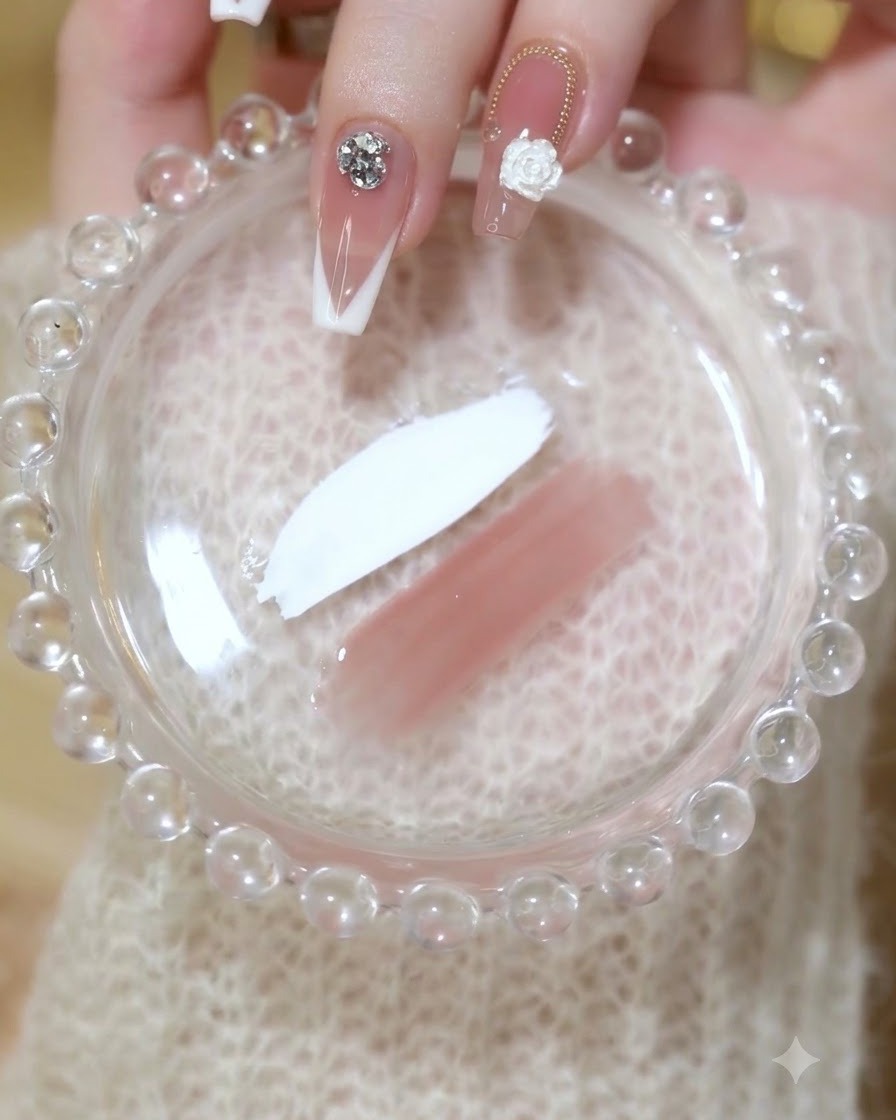 Un pinceau à ongle appliquant une fine couche de gel translucide rosé sur un ongle préparé.