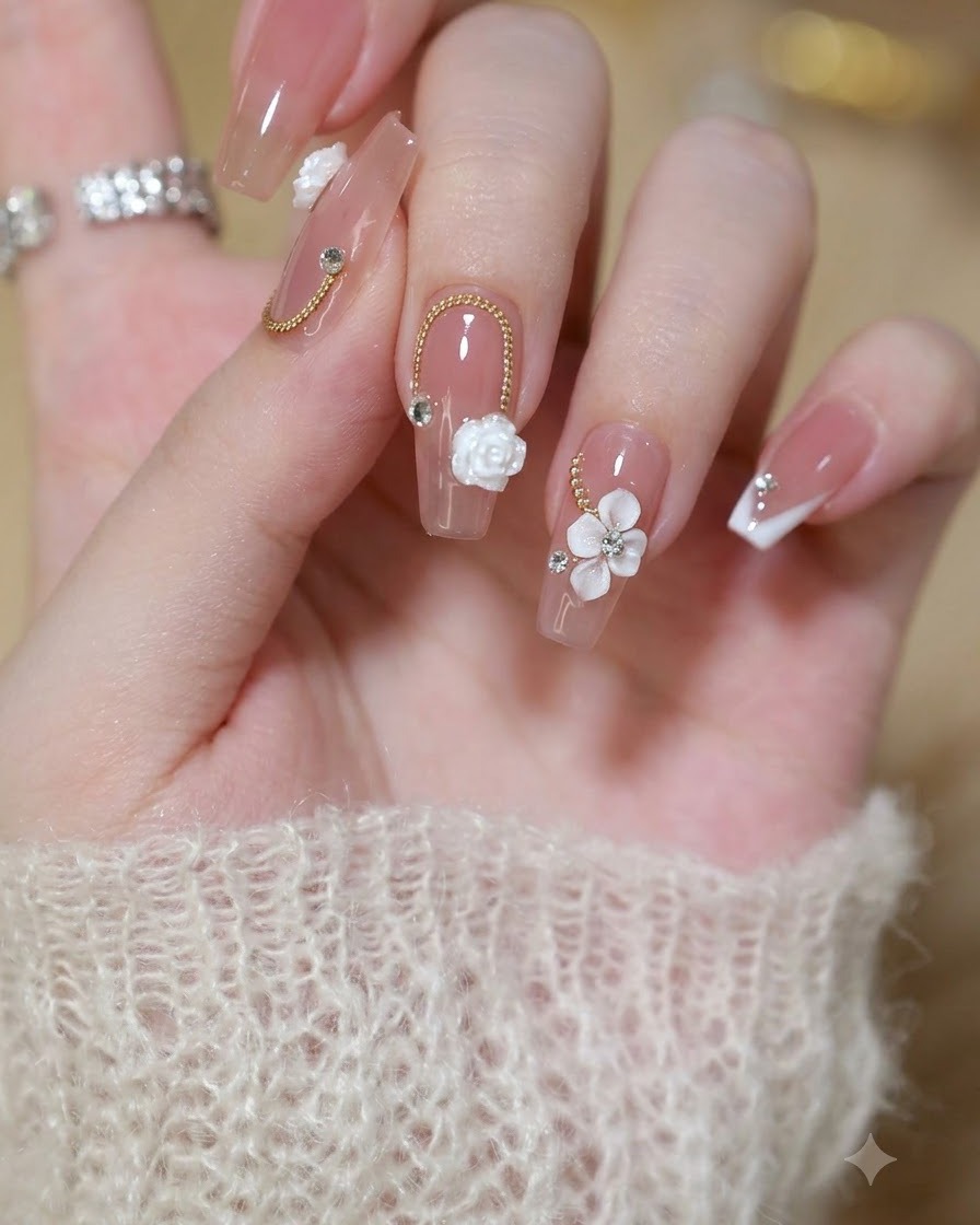 Un pinceau fin pour lignes dessinant une french tip diagonale blanche précise sur un ongle cercueil.