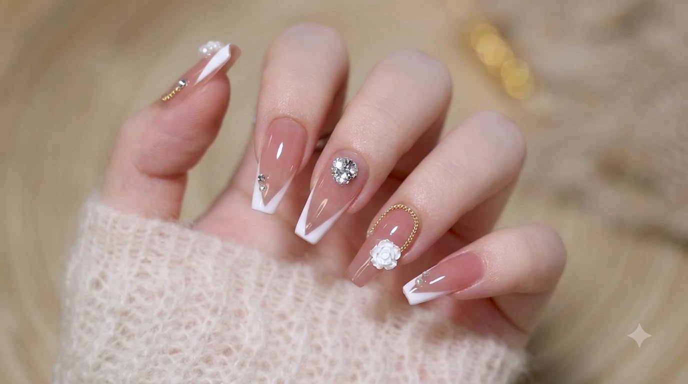 French White Rose Fairy Nail Art — Manucure Gel Élégante pour Mariage