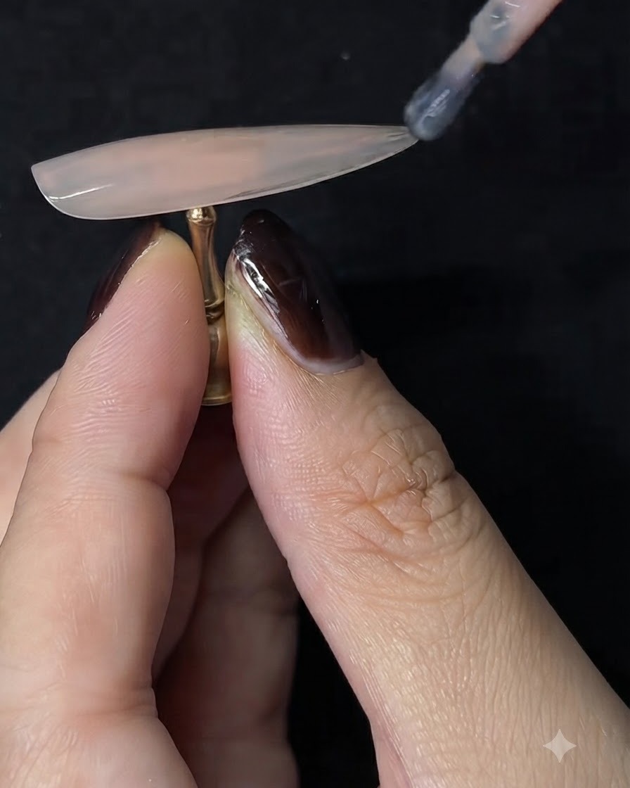 Un pennello che applica una seconda mano di smalto gel nude su unextension per unghie a mandorla tenuta da un dito.