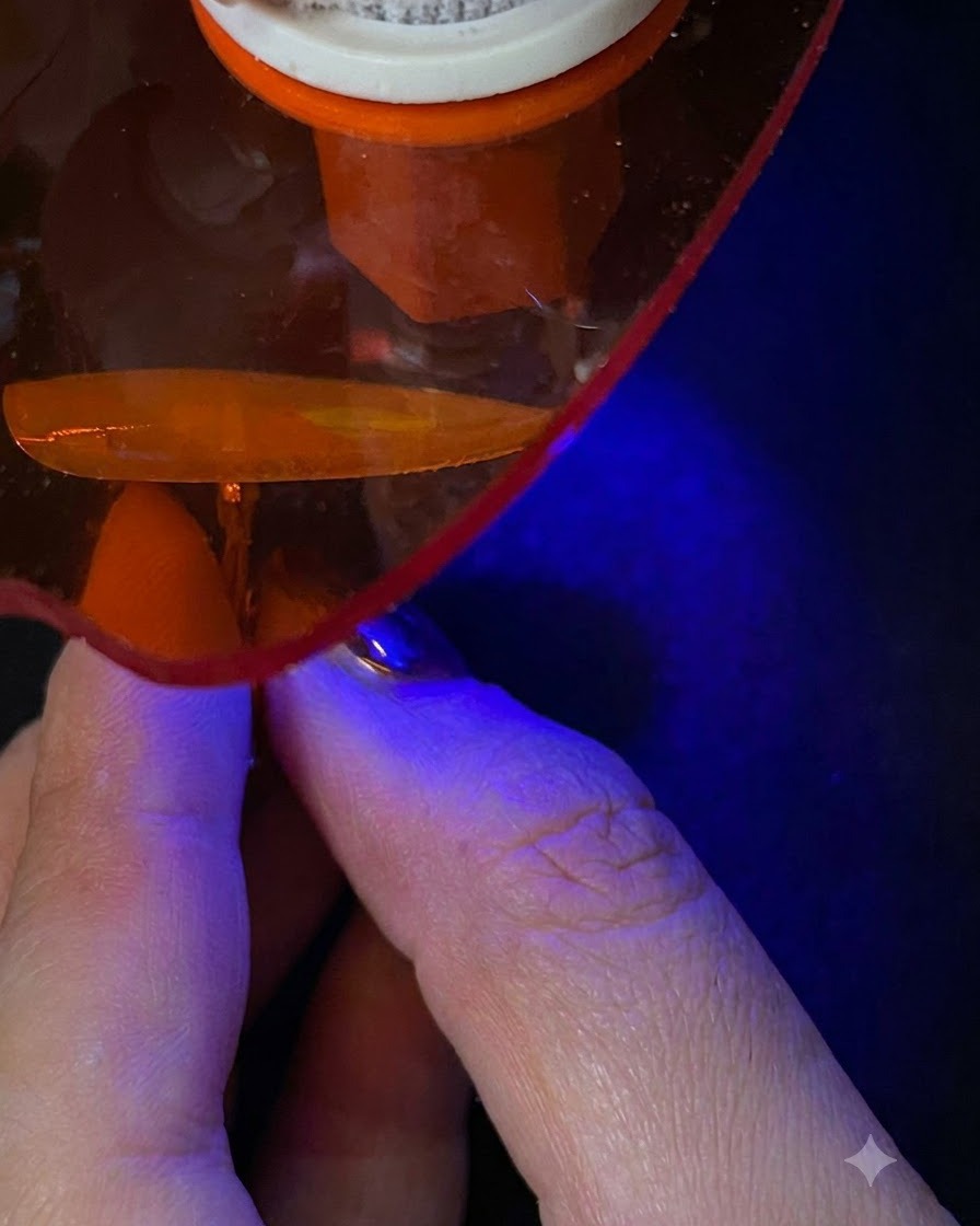 Unextension per unghie tenuta sotto una lampada UV/LED portatile che emette una luce blu.