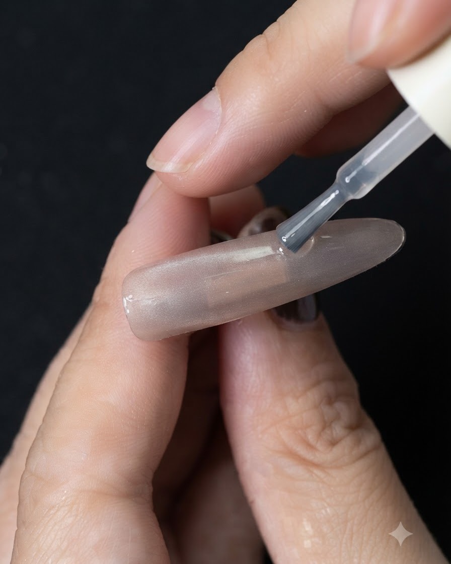Un pennello che applica una mano di smalto gel cat eye trasparente su ununghia con base color neutro.