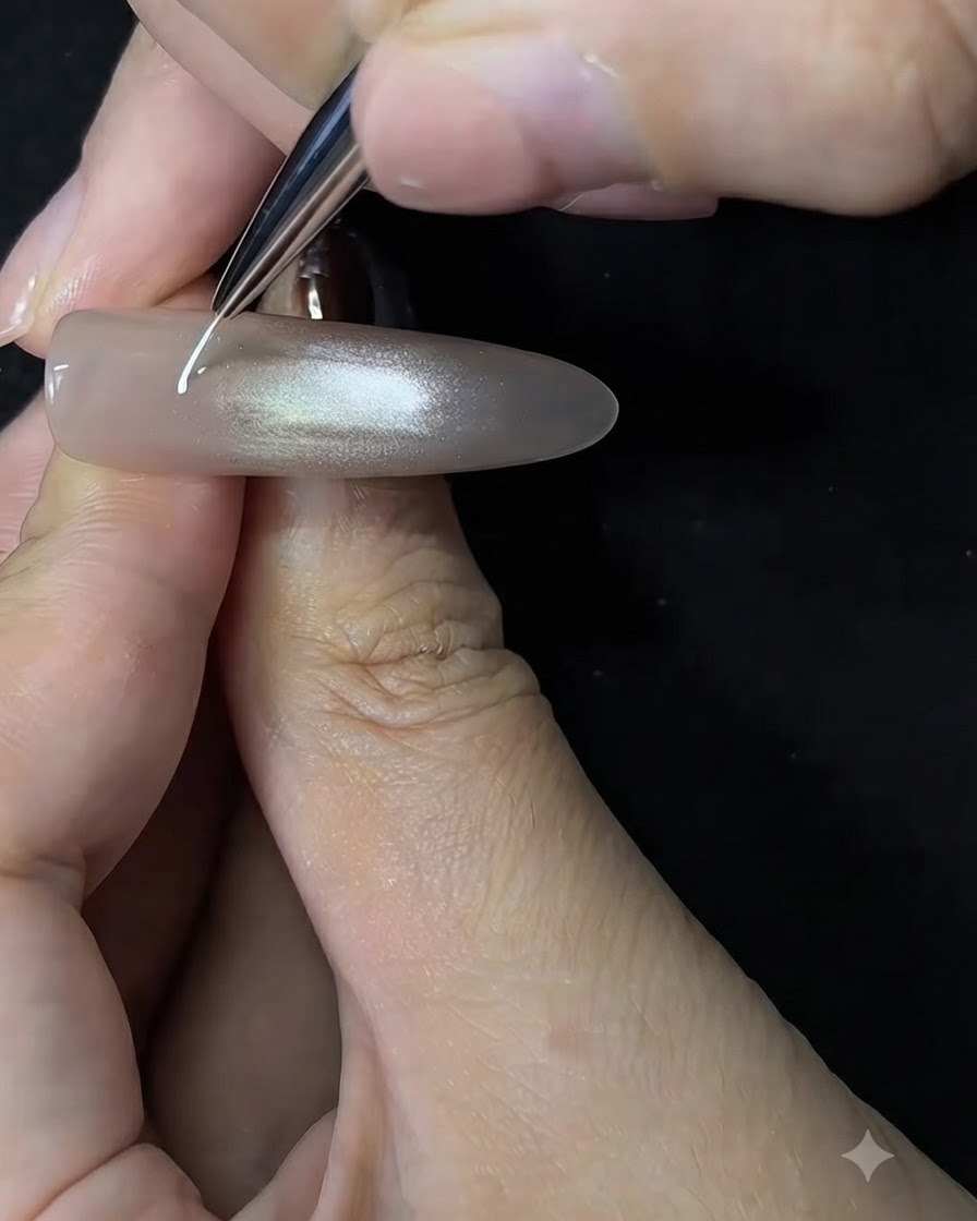 Un pennello liner di precisione che disegna una piccola spirale bianca su uno sfondo per unghie nude cat eye.