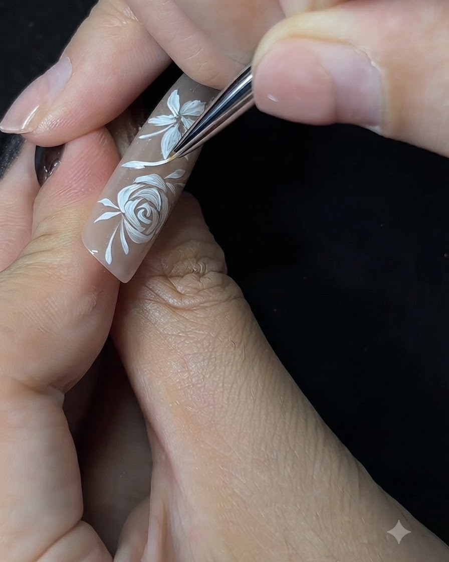 Un pennello sottile per nail art che dipinge delicati dettagli di foglie bianche accanto a un design floreale dipinto a mano su ununghia nude.
