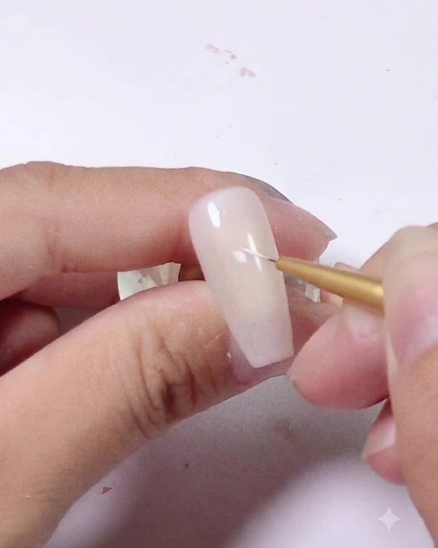 Un primo piano di un pennello liner fine che posiziona un piccolo tratto bianco su ununghia rosa chiaro.
