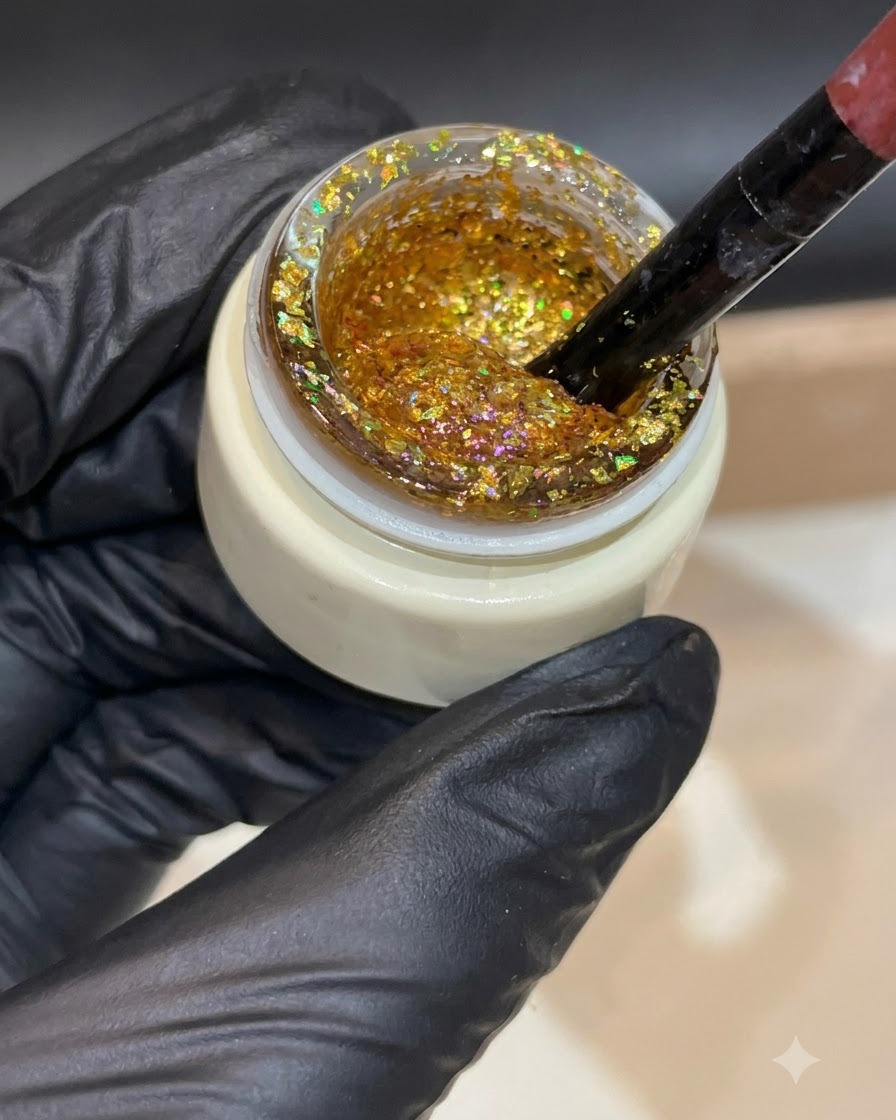 Una mano con i guanti che tiene un pennello immerso in un barattolo aperto di gel glitterato oro denso.