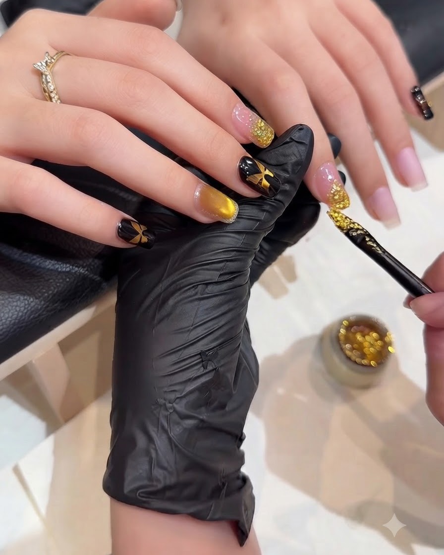 Una vista ravvicinata di unonicotecnica che utilizza un pennello sottile per applicare glitter oro sulla punta di ununghia per creare un effetto sfumato brillante.