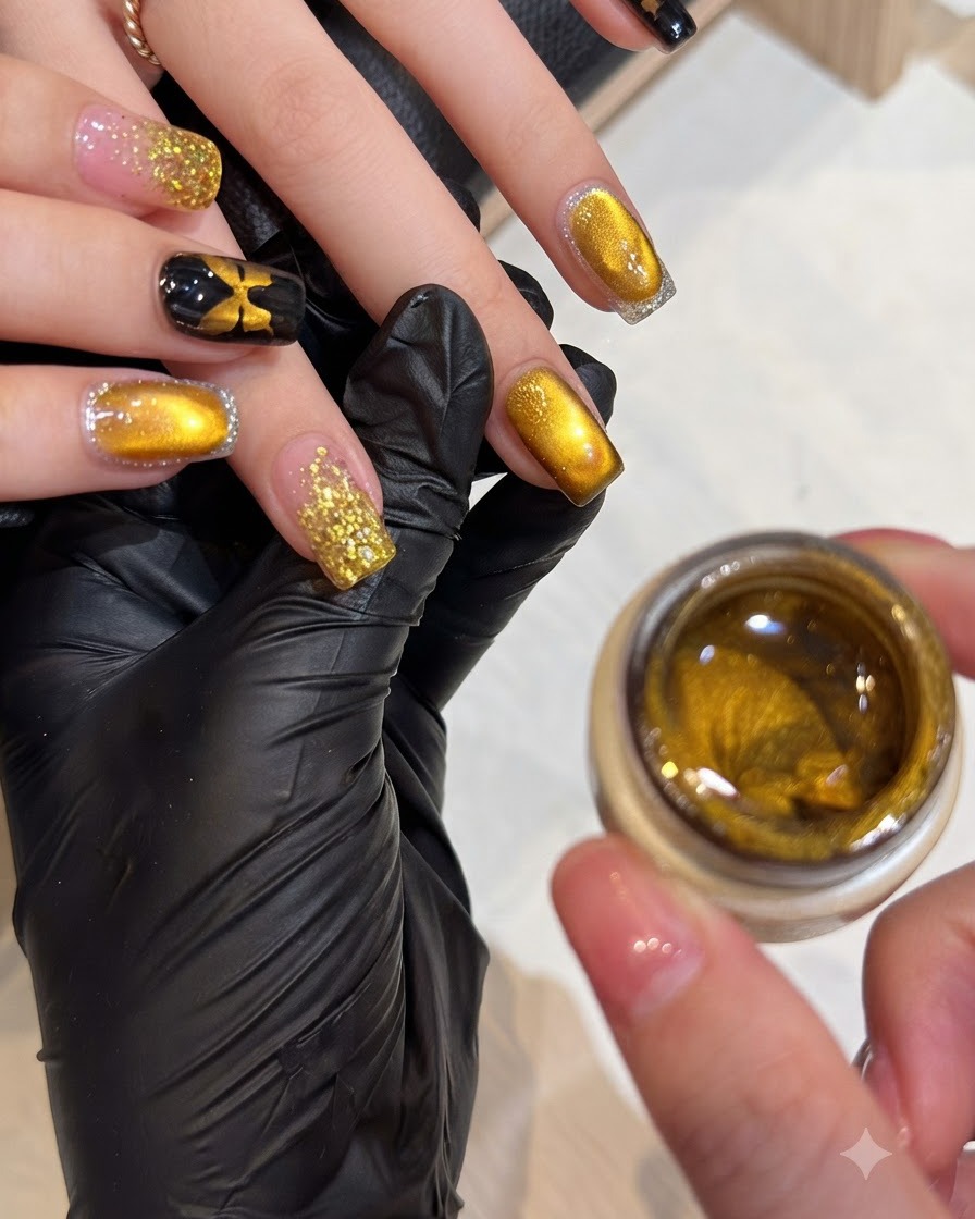 Una mano che mostra le unghie dipinte con un ricco e brillante gel cat-eye magnetico dorato accanto a un barattolo aperto del prodotto.