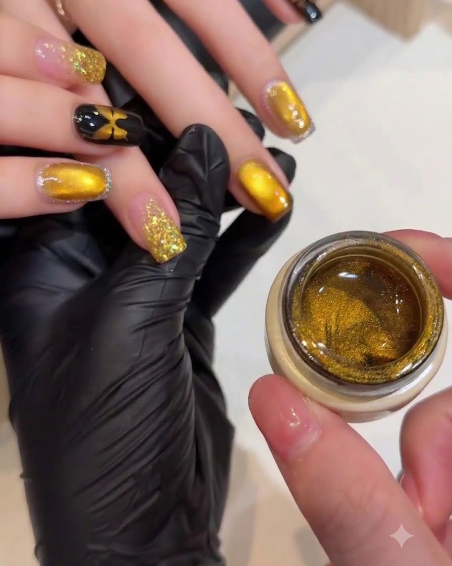 Unonicotecnica che utilizza una piccola bacchetta magnetica per modellare le particelle brillanti su ununghia cat-eye oro.