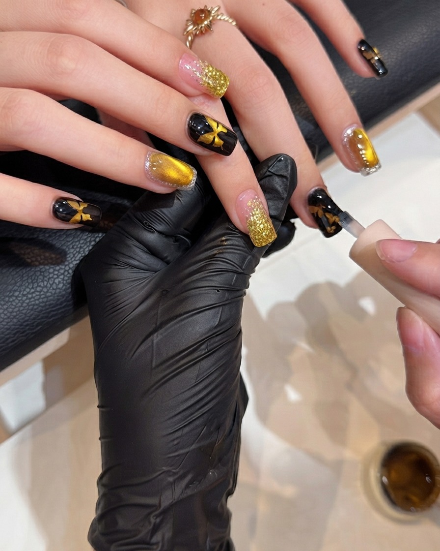 Un pennello per unghie che applica uno strato liscio di top coat trasparente su ununghia decorata per sigillare il design e aggiungere lucentezza.
