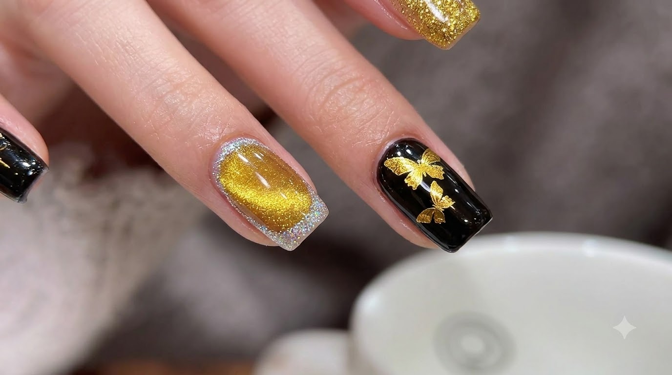 Unghie Cat-Eye Oro e Nero con Farfalle — Tutorial Passo dopo Passo