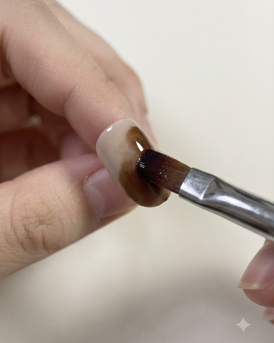 Un pennello inumidito che sfuma e ammorbidisce i bordi del gel caramello su ununghia.