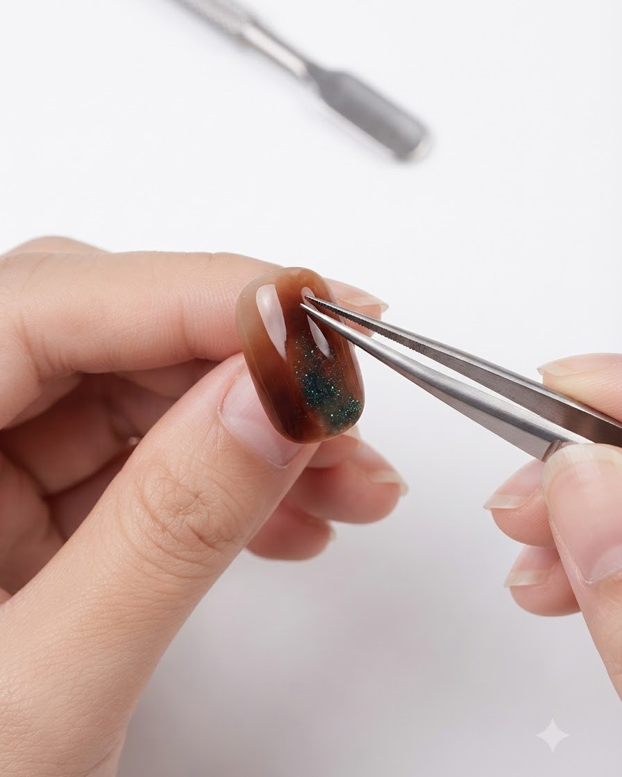 Pinzette di metallo che graffiano la superficie lucida di ununghia finita ambra e cat-eye.