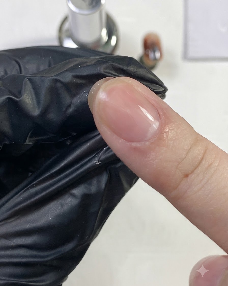 Un dito guantato che strofina vigorosamente contro la superficie lucida e trasparente di ununghia polimerizzata.