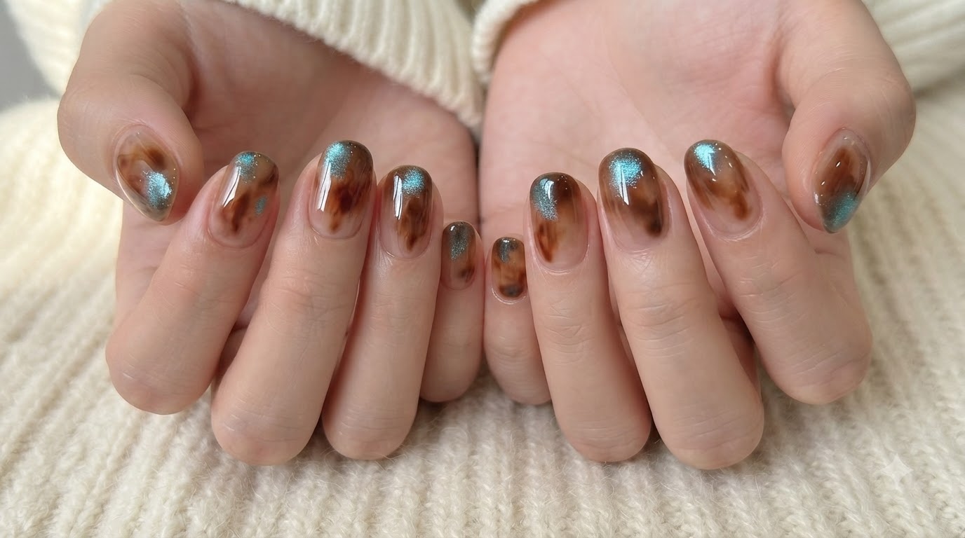 Unghie Effetto Ambra Sfumata con Accento Cat-Eye Blu: Tutorial Passo dopo Passo