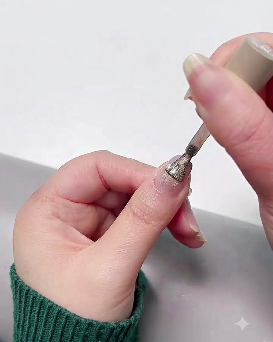 Applicazione di uno strato di gel cat eye brillante sopra la base sfumata polimerizzata.