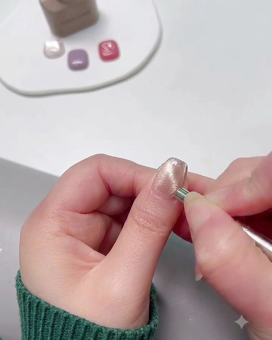 Un bastoncino magnetico tenuto vicino a ununghia in gel cat eye per creare un effetto di luce laterale.