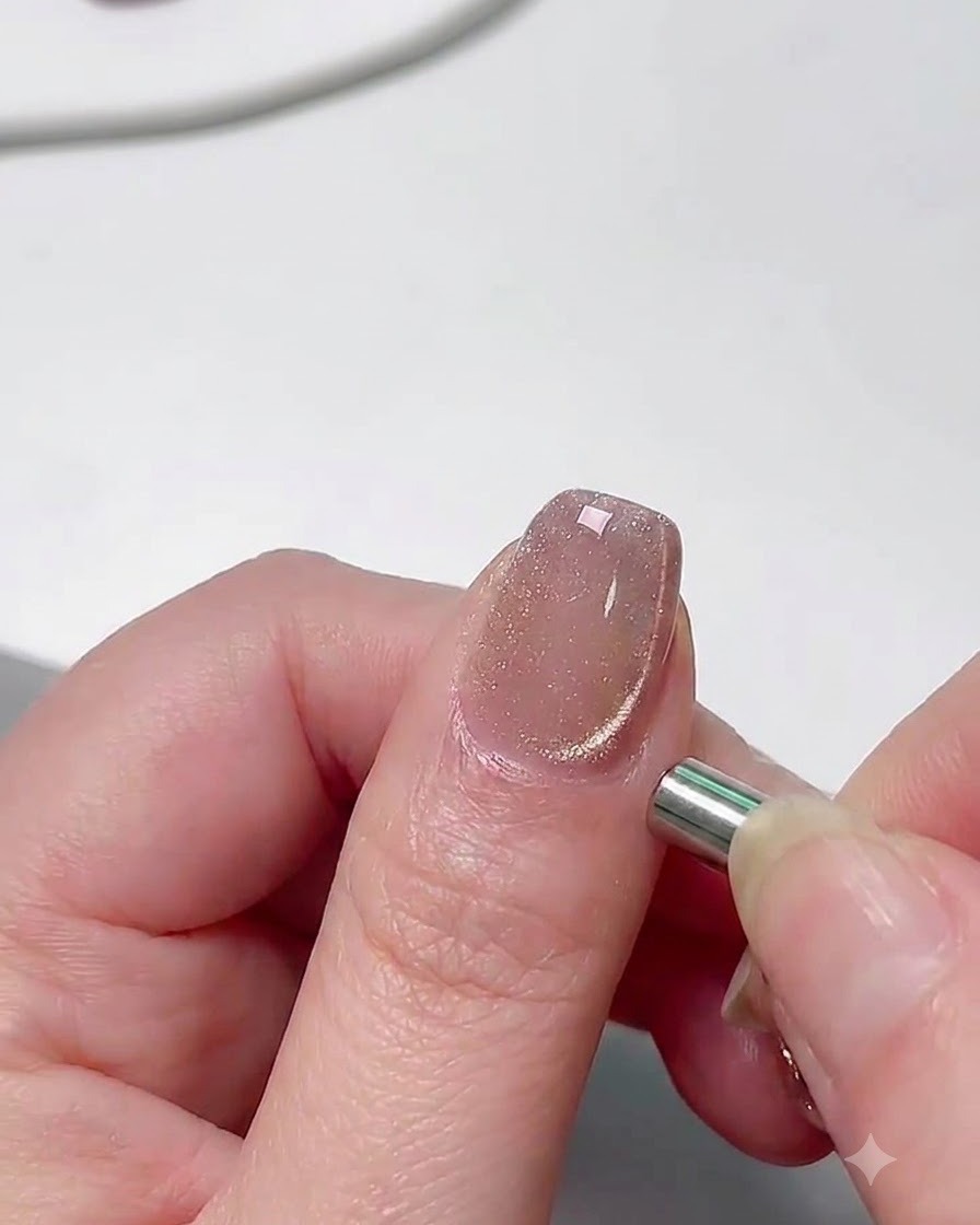 Un magnete cilindrico tenuto vicino al lato di ununghia manicurata per regolare il riflesso cat eye.