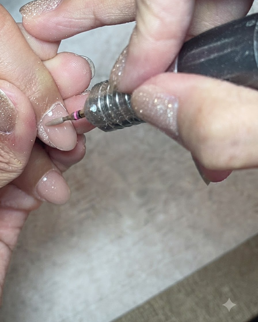 Un primo piano di una fresa elettrica con una punta diamantata a forma di navetta che solleva la tasca della cuticola su ununghia naturale.