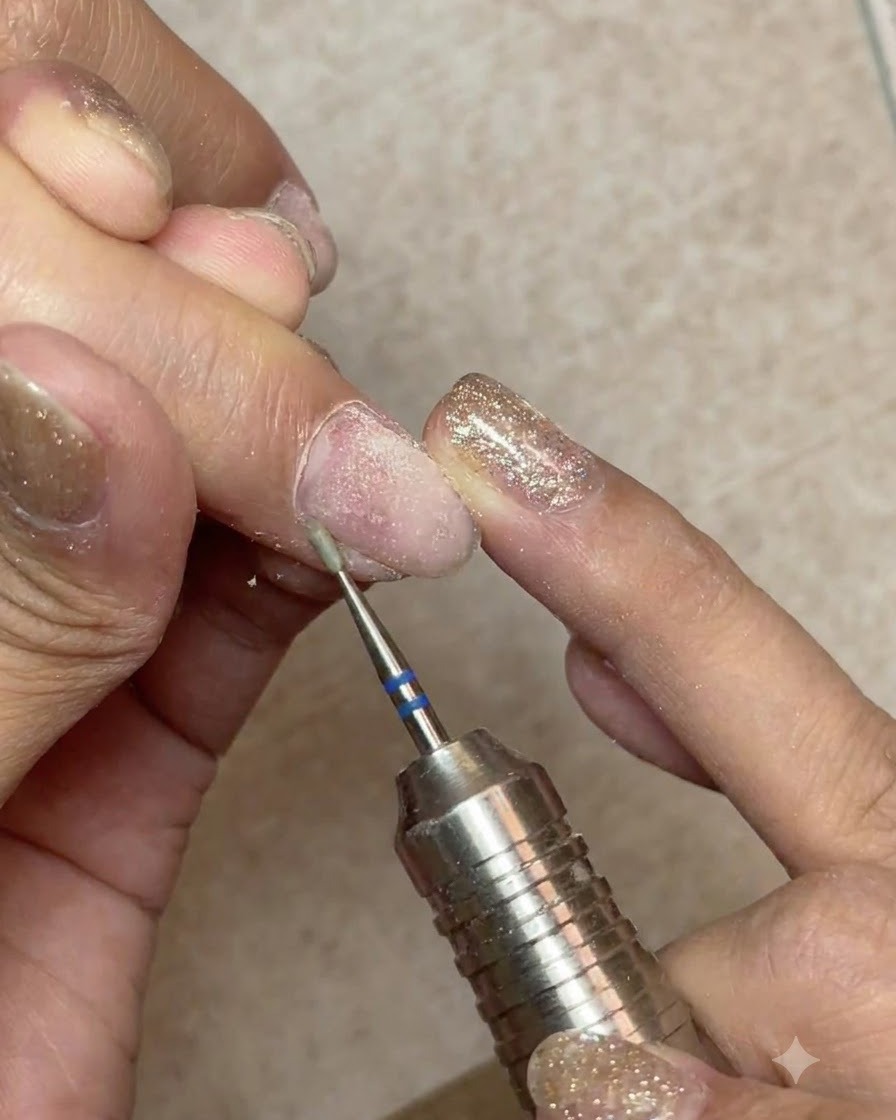 Una fresa elettrica con una punta a forma di cono che solleva e separa la pelle morta intorno alla cuticola.