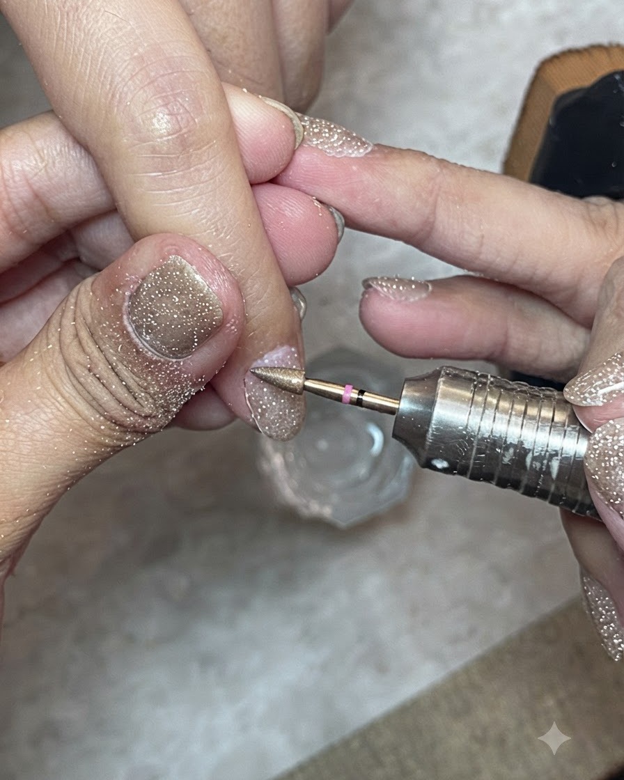 Uno spazzolino rigido per unghie che pulisce strofinando la superficie e la pelle circostante di ununghia naturale preparata.