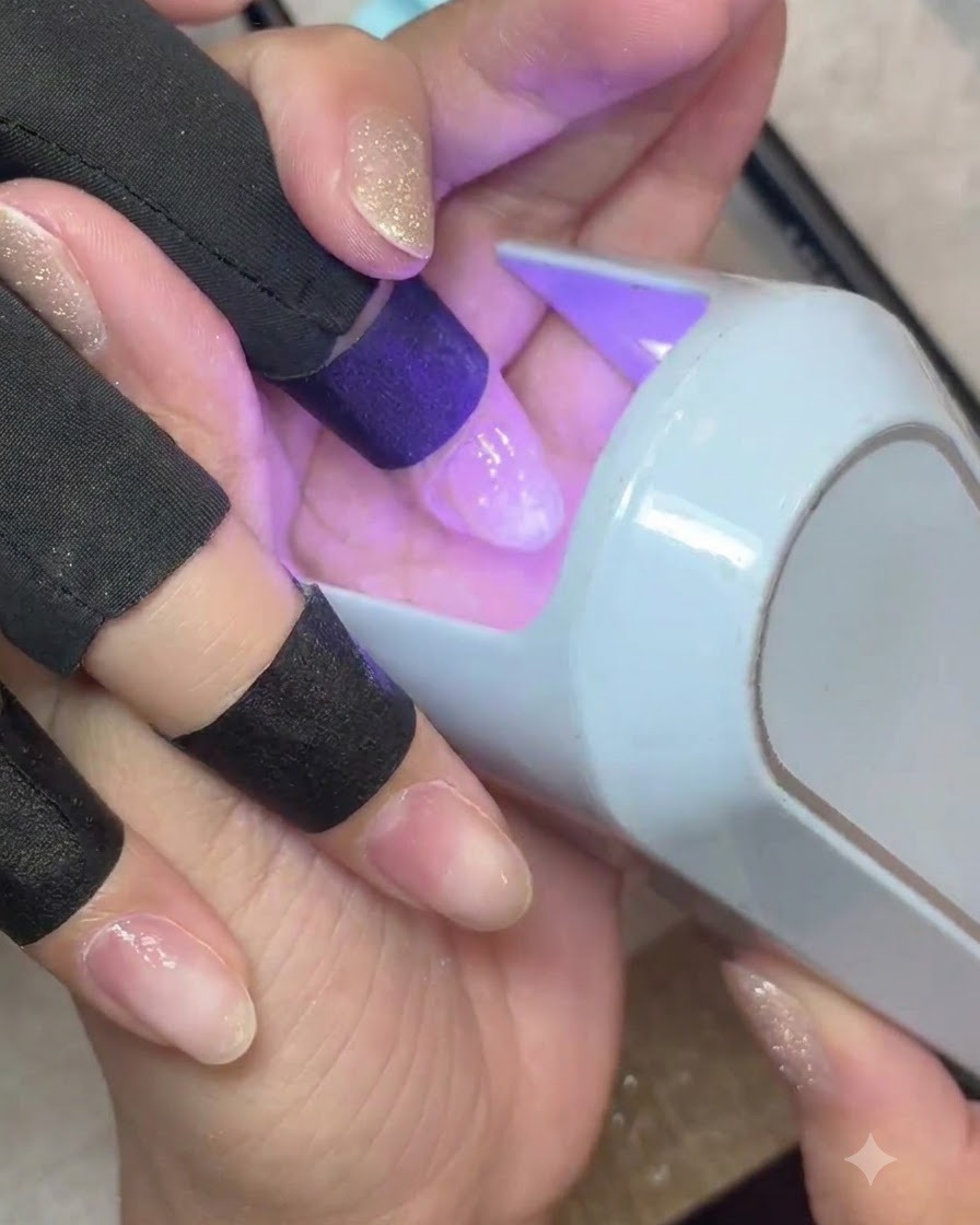 Un dito posizionato sotto una mini lampada UV/LED portatile, che polimerizza lo strato di gel base trasparente.