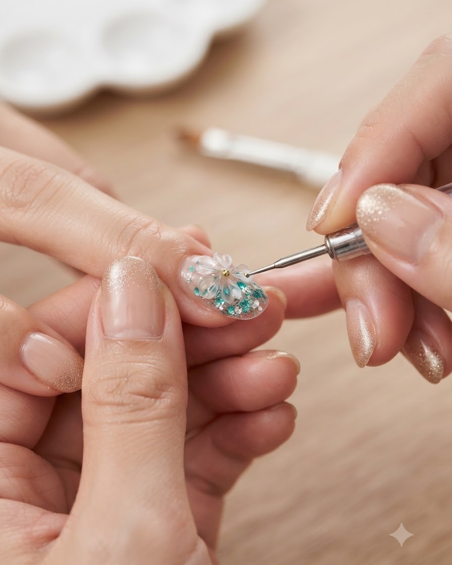 Un pennello di dettaglio che posiziona meticolosamente singole paillettes e elementi floreali 3D lungo la punta dellunghia per rifinire leffetto gradiente ombré.