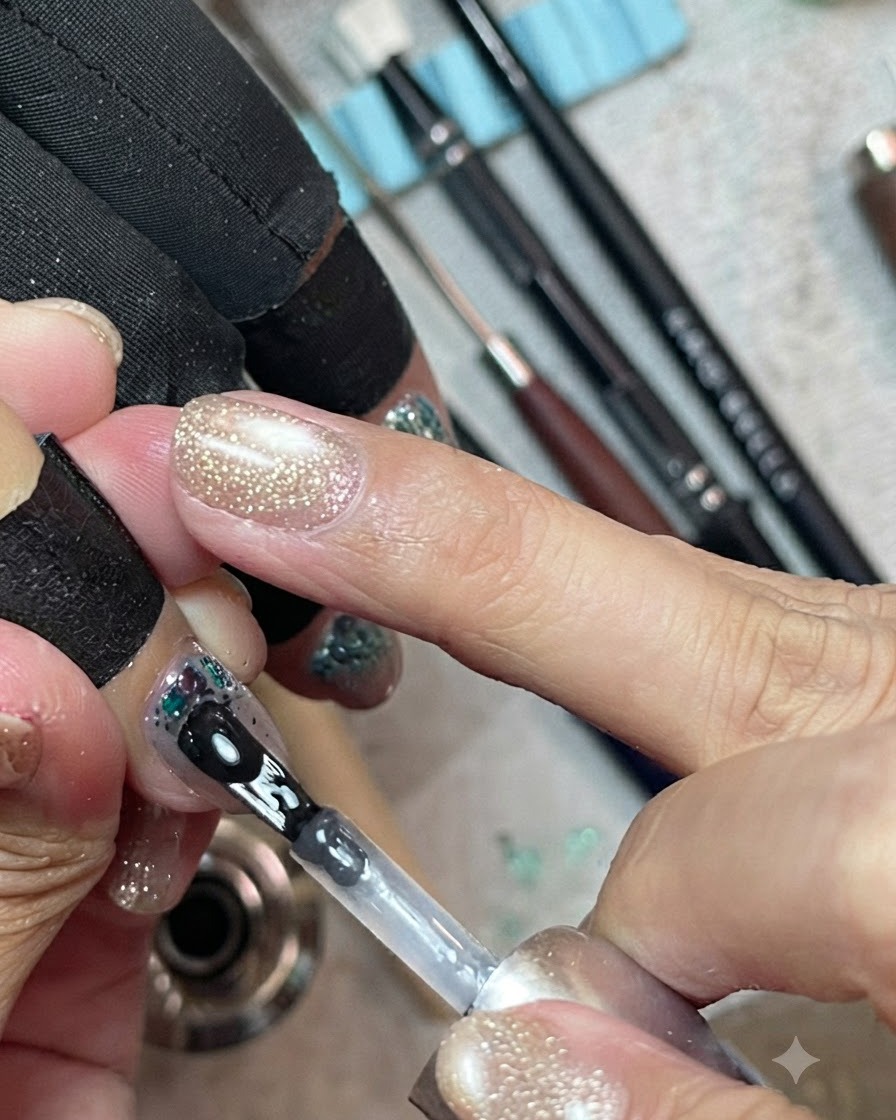 Un pennello per unghie che applica il gel costruttore trasparente per lincapsulamento su una punta dunghia decorata con paillettes blu menta.