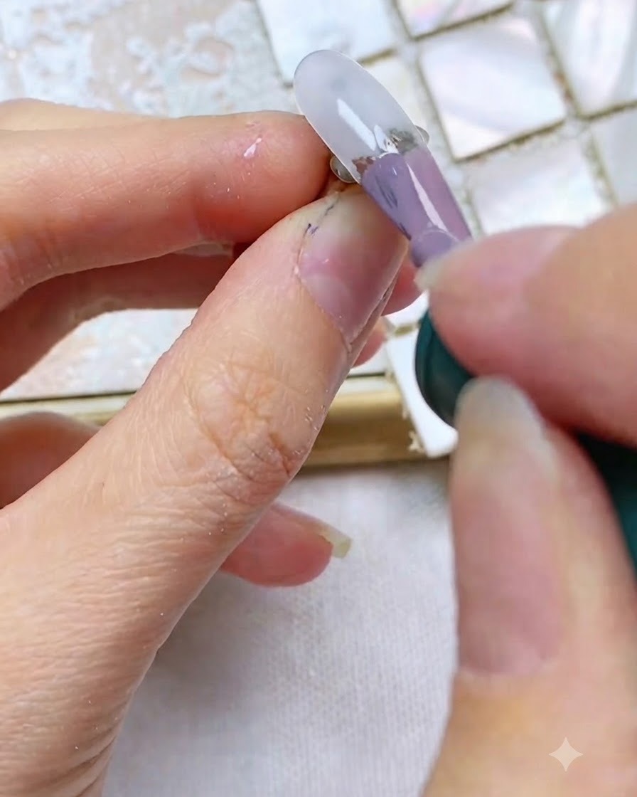 Un pennello da unghie applica uno spesso strato di gel grigio-viola al centro di una tip traslucida bianca.