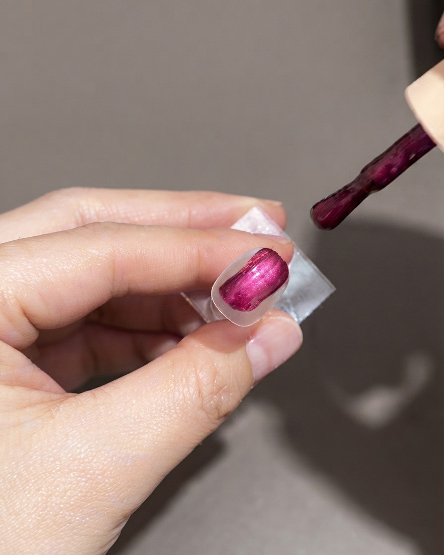 Una punta di unghia completamente rivestita di smalto gel lucido viola scuro, con il pennello di applicazione vicino.