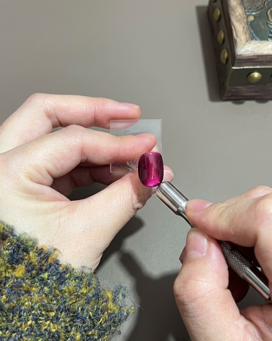 Un magnete spinto verso lalto lungo la superficie di ununghia in gel viola.