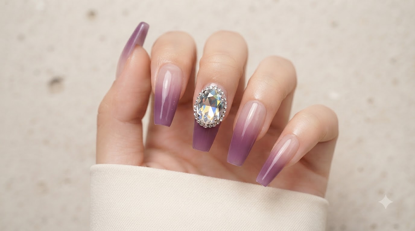 Unghie Press-on Gradient Viola Taro con Cristalli Gemmati — Tutorial Passo dopo Passo
