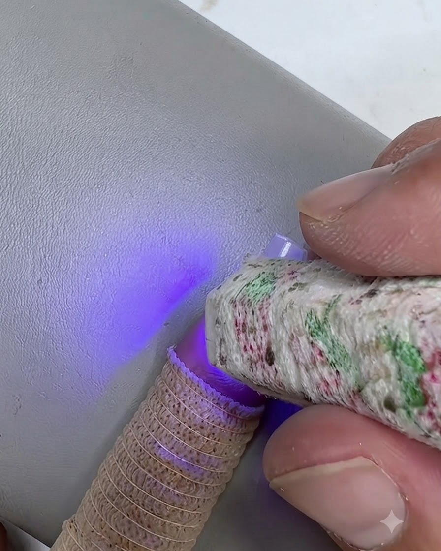 Un primo piano di una mini lampada UV/LED portatile che emette una luce viola mentre polimerizza il gel trasparente su ununghia naturale.
