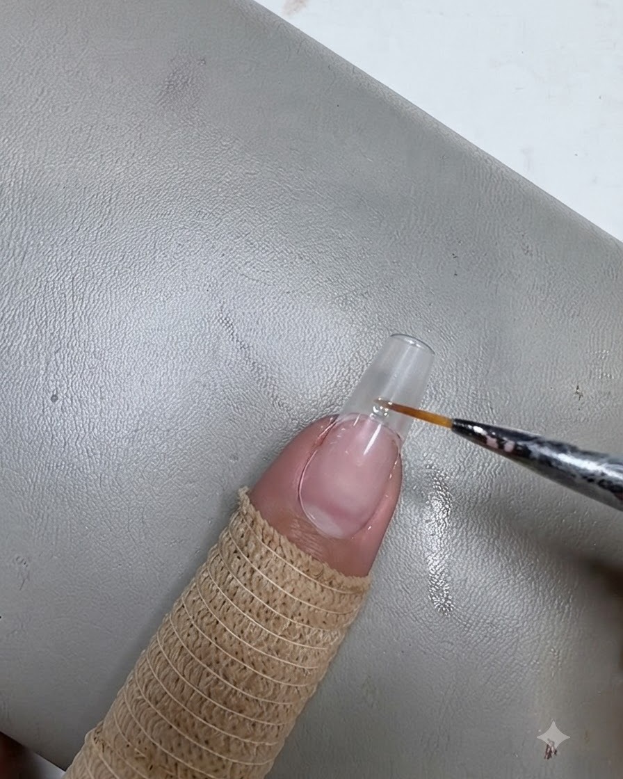 Un pennello liner sottile che applica una striscia di gel trasparente in modo orizzontale sul margine libero di ununghia naturale preparata.