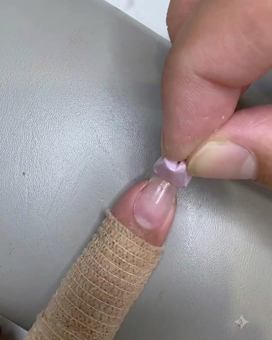Una piccola spugnetta da trucco utilizzata per picchiettare il gel trasparente sulla punta di ununghia.