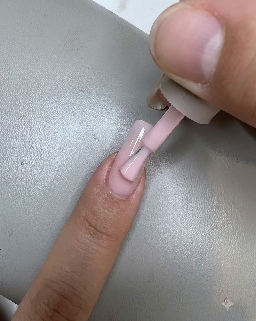 Un pennello da smalto che applica un sottile strato uniforme di gel rosa nude su ununghia, muovendosi dalle cuticole verso la punta.