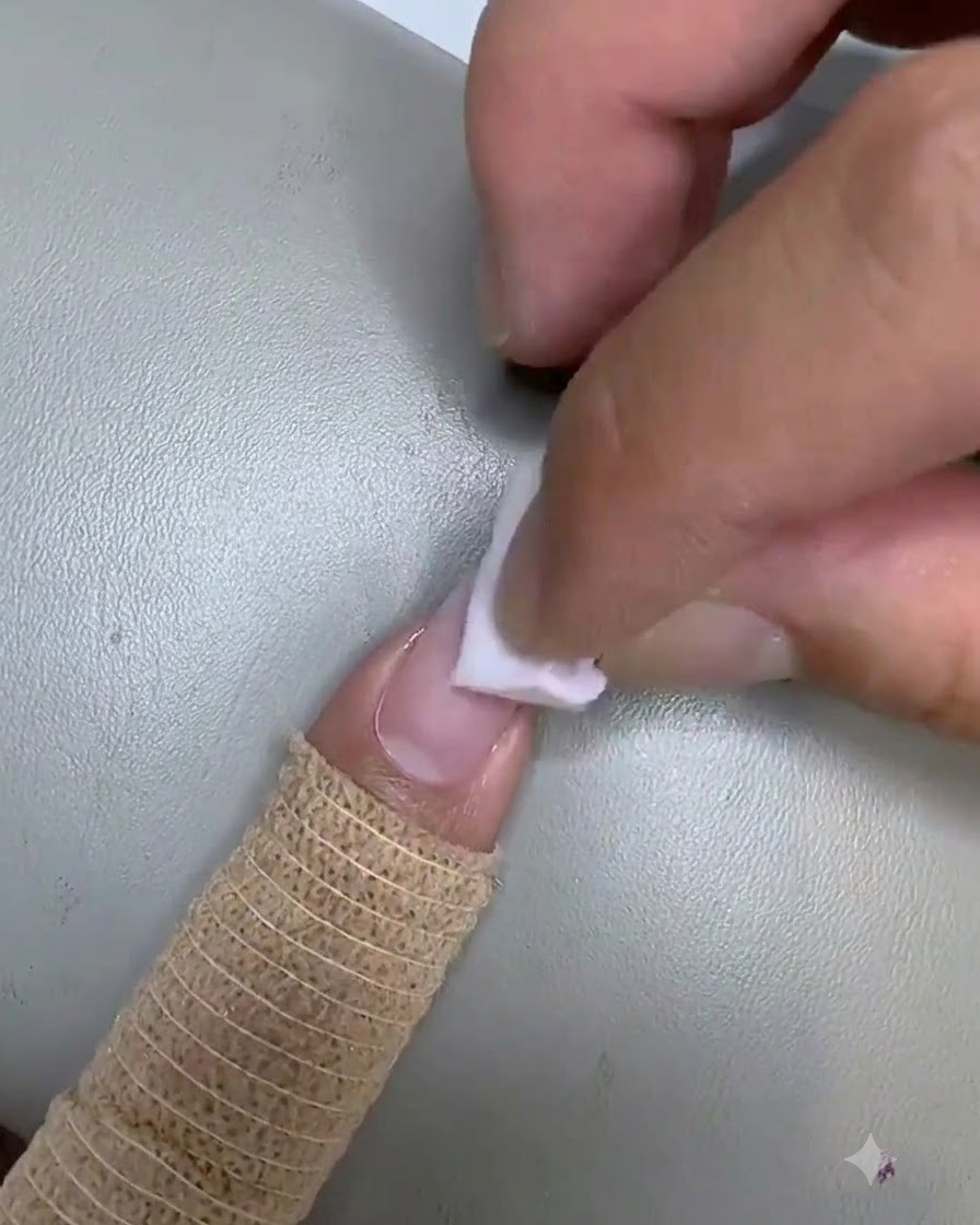 Una piccola spugnetta che tampona il gel rosa sulla superficie dellunghia durante la fase di creazione della sfumatura.