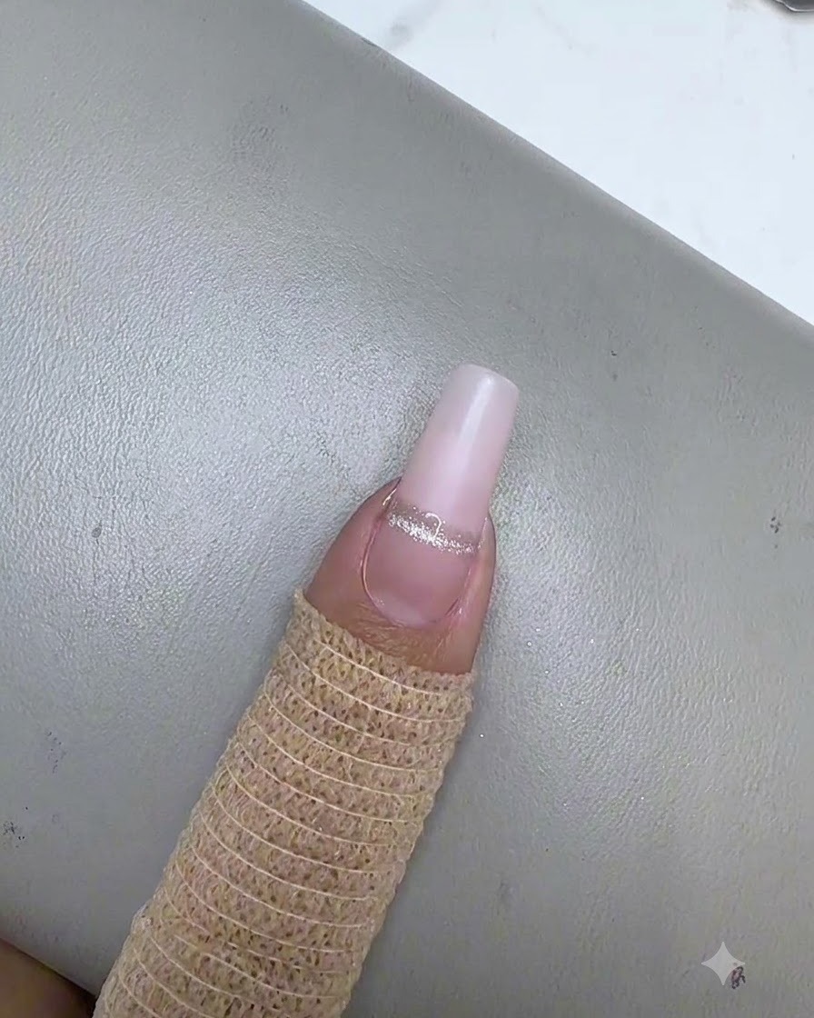 Una mini lampada UV LED viola che polimerizza una singola striscia cat eye argentata su ununghia in gel rosa nude.