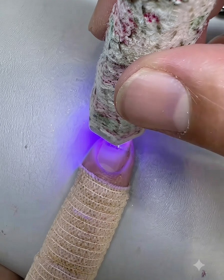 Una mini lampada UV LED che polimerizza la striscia cat eye rosa sullunghia.