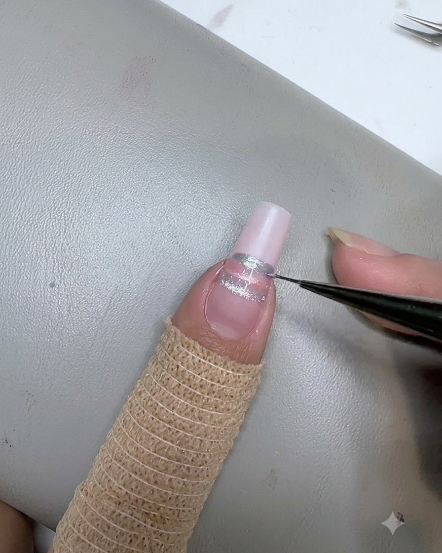 Un pennello liner che dipinge una terza striscia orizzontale blu sotto la striscia rosa sullunghia.