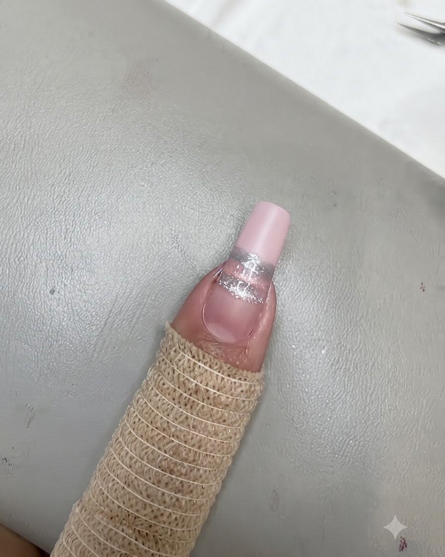 Un magnete rettangolare sospeso sopra la striscia blu per creare un effetto linea magnetica cat eye affilata.