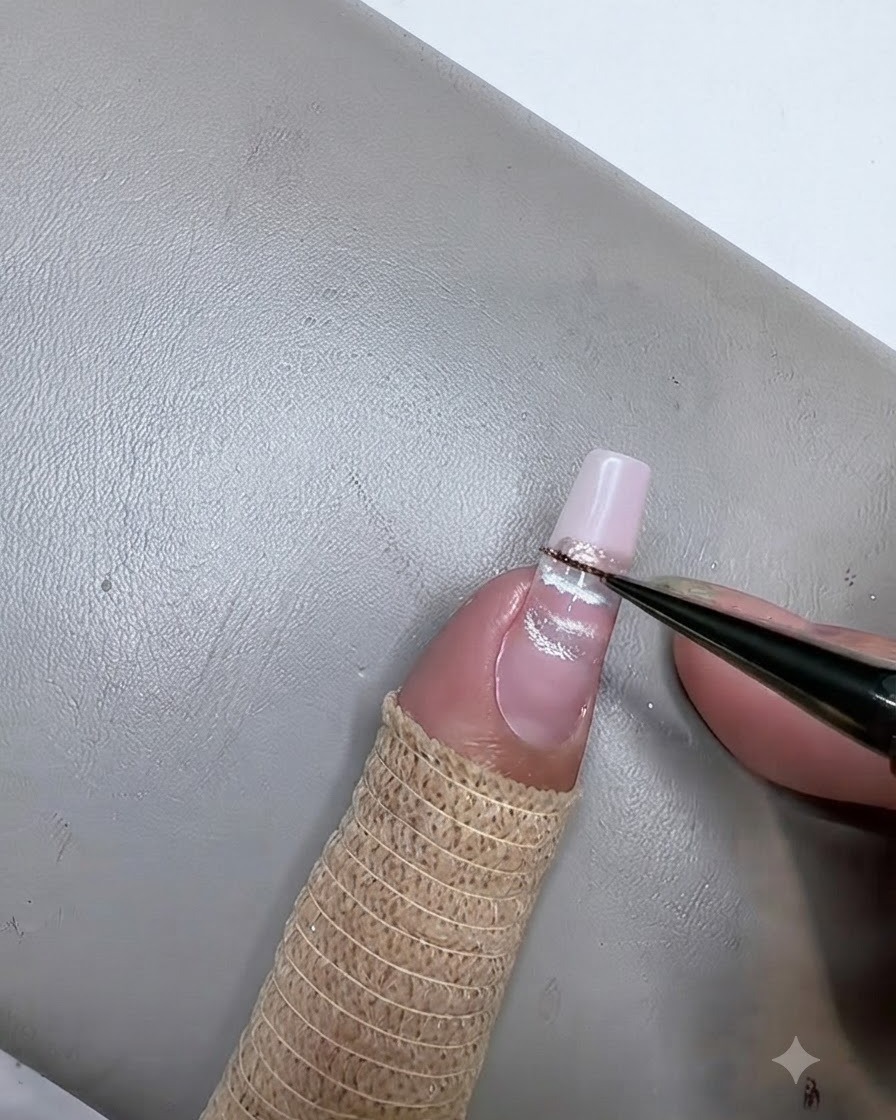 Un pennello liner sottile che applica in modo orizzontale una striscia di gel cat eye color champagne sullunghia.