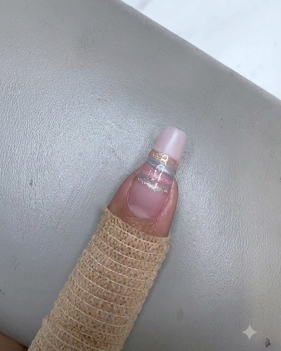 Un magnete rettangolare tenuto sopra la striscia cat eye champagne per allineare il riflesso magnetico.