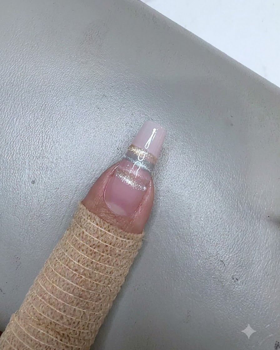 Una vista ravvicinata di paillettes a stella argentate posizionate lungo il design a strisce su ununghia in gel non polimerizzato.