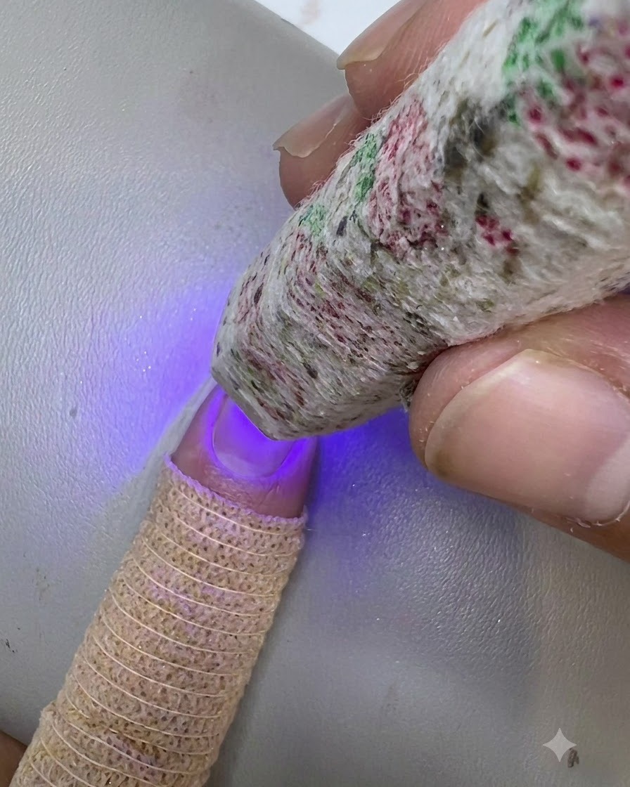 Una mini lampada UV LED che polimerizza il top coat su ununghia decorativa finita.