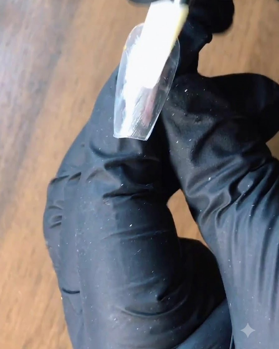 Un applicatore in spugna da ombretto tampona la polvere argento su ununghia.