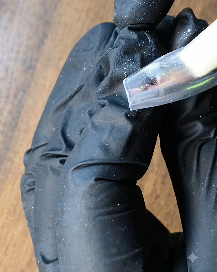 Un primo piano di una spugnetta che preme la polvere argento sulla superficie di ununghia.