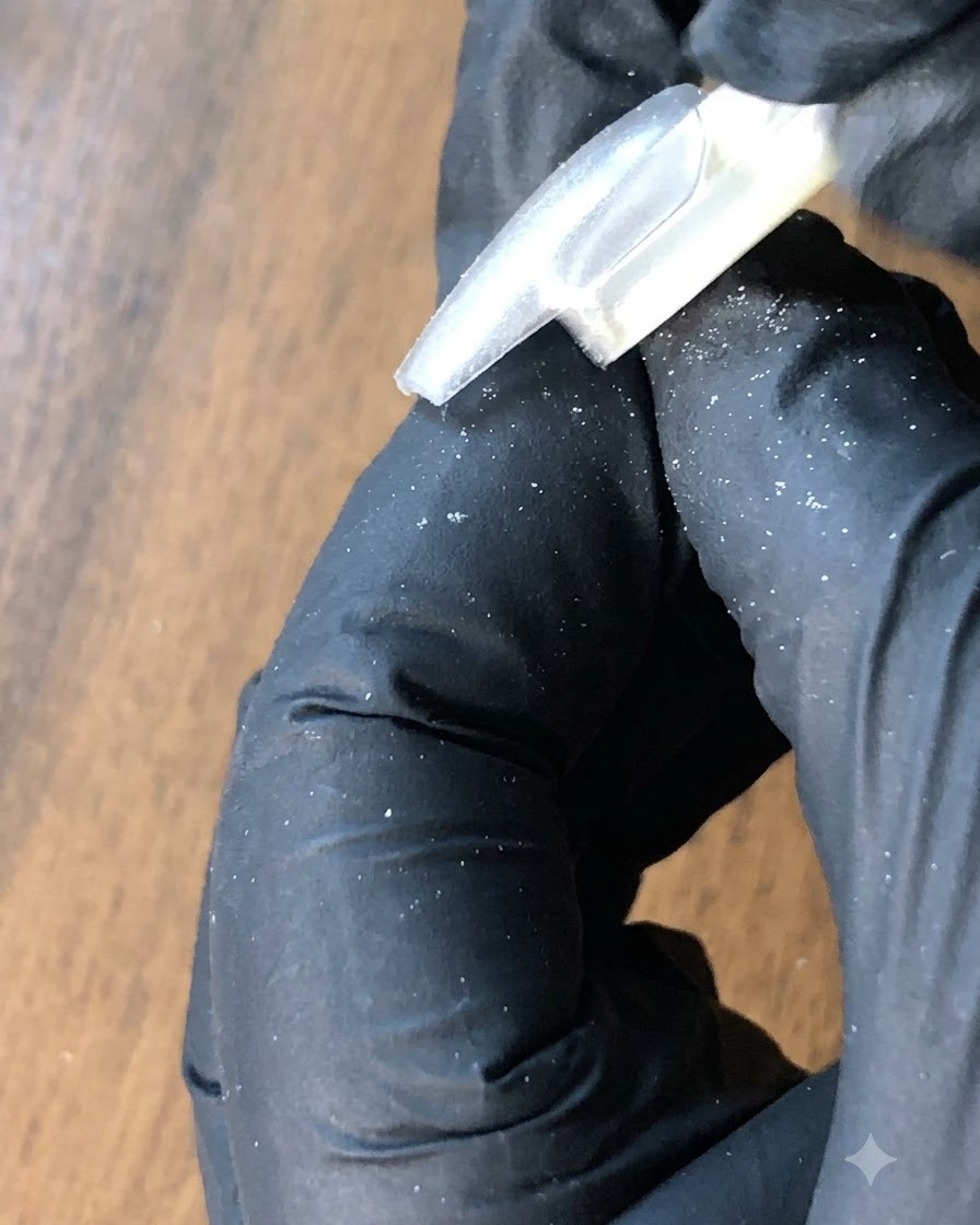 Un pennello antipolvere rimuove la polvere cromo argento in eccesso dalla superficie dellunghia.